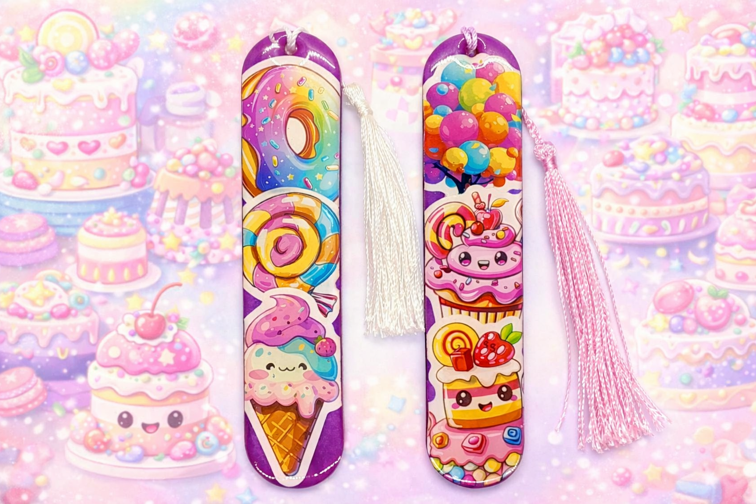 Marque-page illustré Gâteau Kawaii – Univers gourmand avec pompon