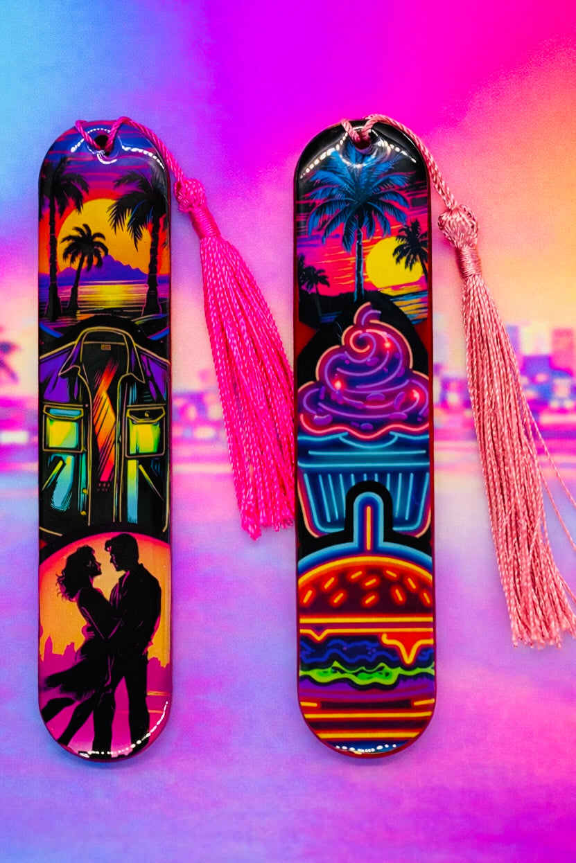 Marque-page illustré Néon Miami – Univers rétro pop avec pompon