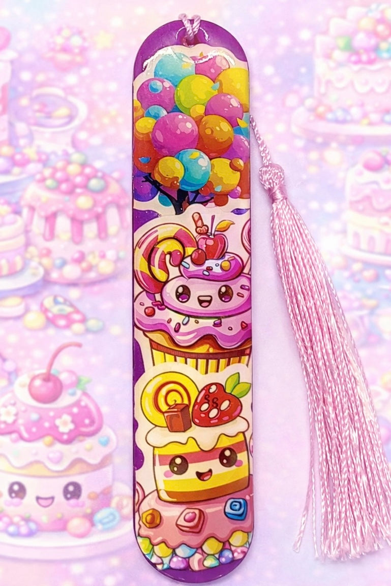 Marque-page illustré Gâteau Kawaii – Univers gourmand avec pompon