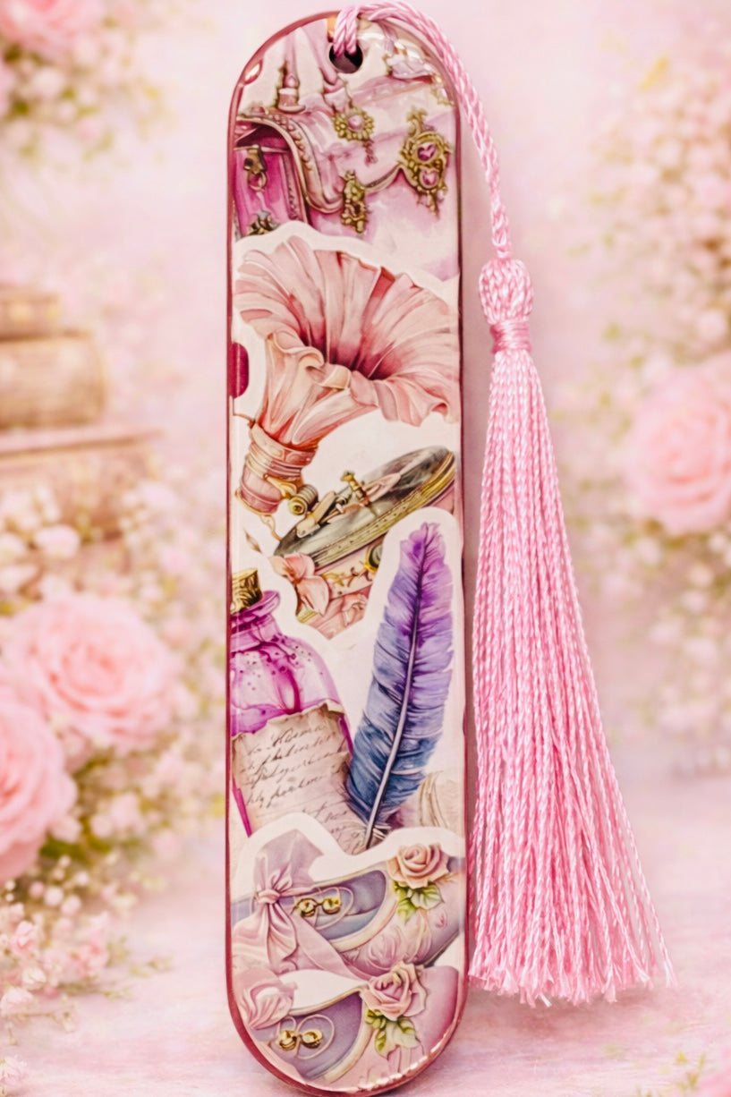 Marque-page illustré Girly Vintage – Univers romantique avec pompon