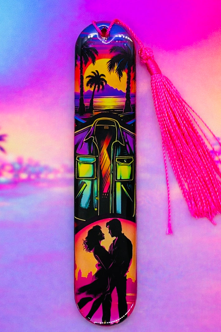 Marque-page illustré Néon Miami – Univers rétro pop avec pompon