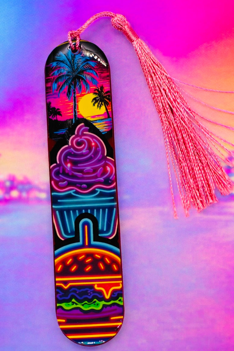 Marque-page illustré Néon Miami – Univers rétro pop avec pompon